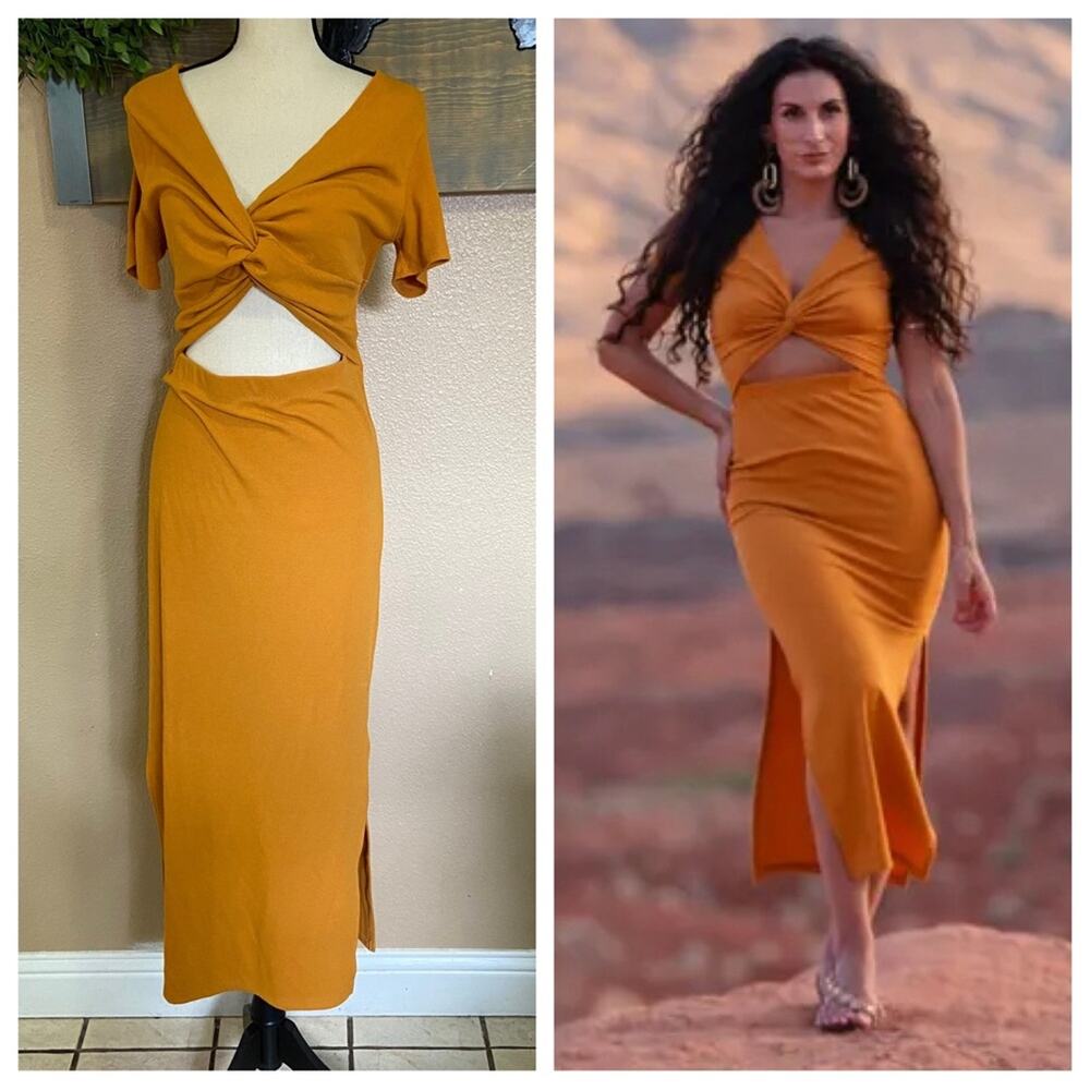 NWOT Lulus Style Twist Orange Twist Front Cutout Midi Dress